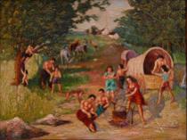 Appraisal: George Broestl Continental th Century Gypsy Caravan Oil on canvas