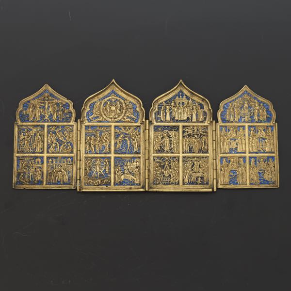 Appraisal: TRAVELING BRONZE TETRAPTYCH x Bronze and enamel traveling icon depicting