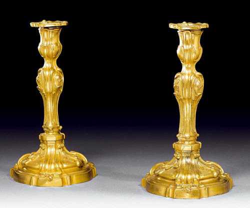 Appraisal: PAIR OF GILT BRONZE CANDLE HOLDERS Louis XV after designs