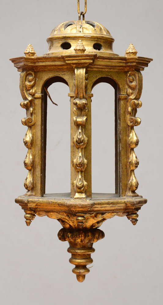 Appraisal: ITALIAN GILTWOOD LANTERN The pierced domed top above the hexagonal-shaped