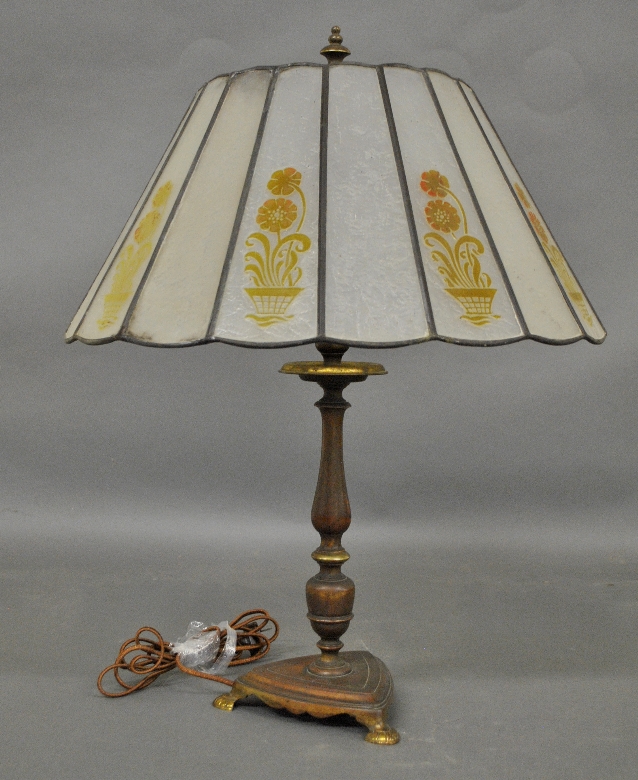 Appraisal: - Handel brass lamp unsigned with a frosted glass shade