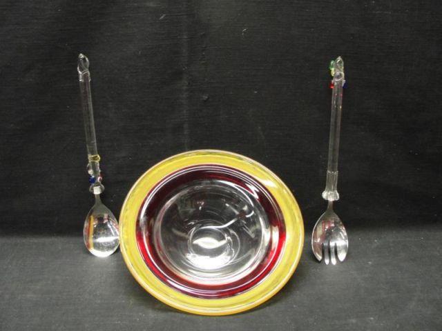 Appraisal: Art Glass Midcentury Serving Bowl Serving Utensils From a Stamford