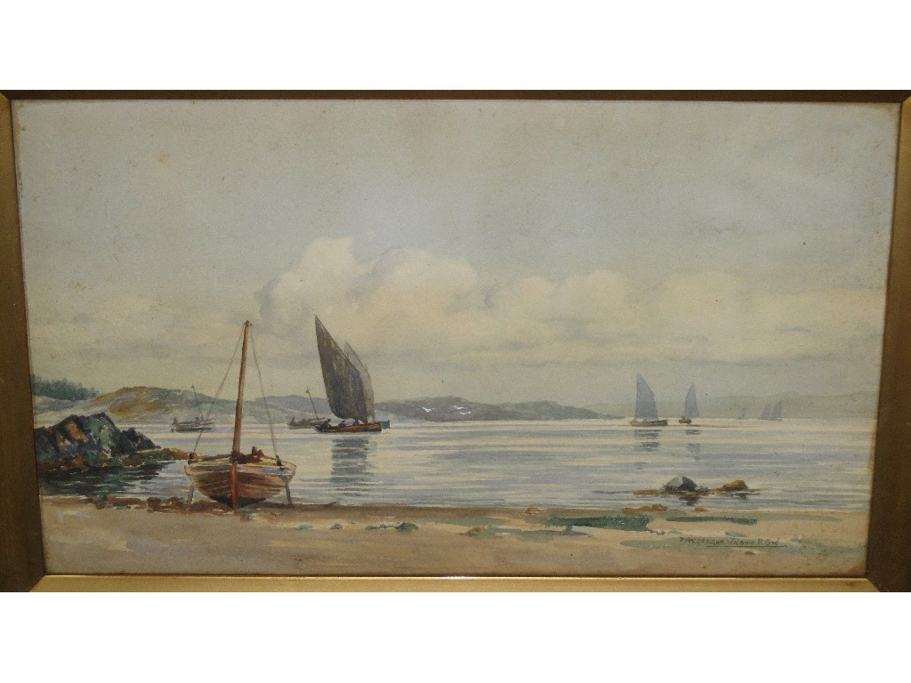 Appraisal: P MacGREGOR WILSON RSV Watercolour loch scene with fishing boats