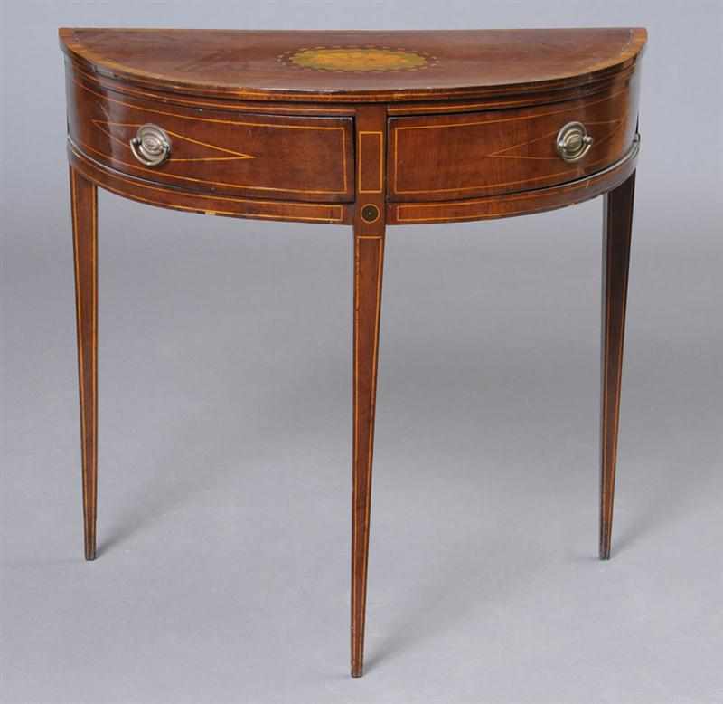 Appraisal: GEORGE III INLAID MAHOGANY DEMILUNE SIDE TABLE The cross-banded top