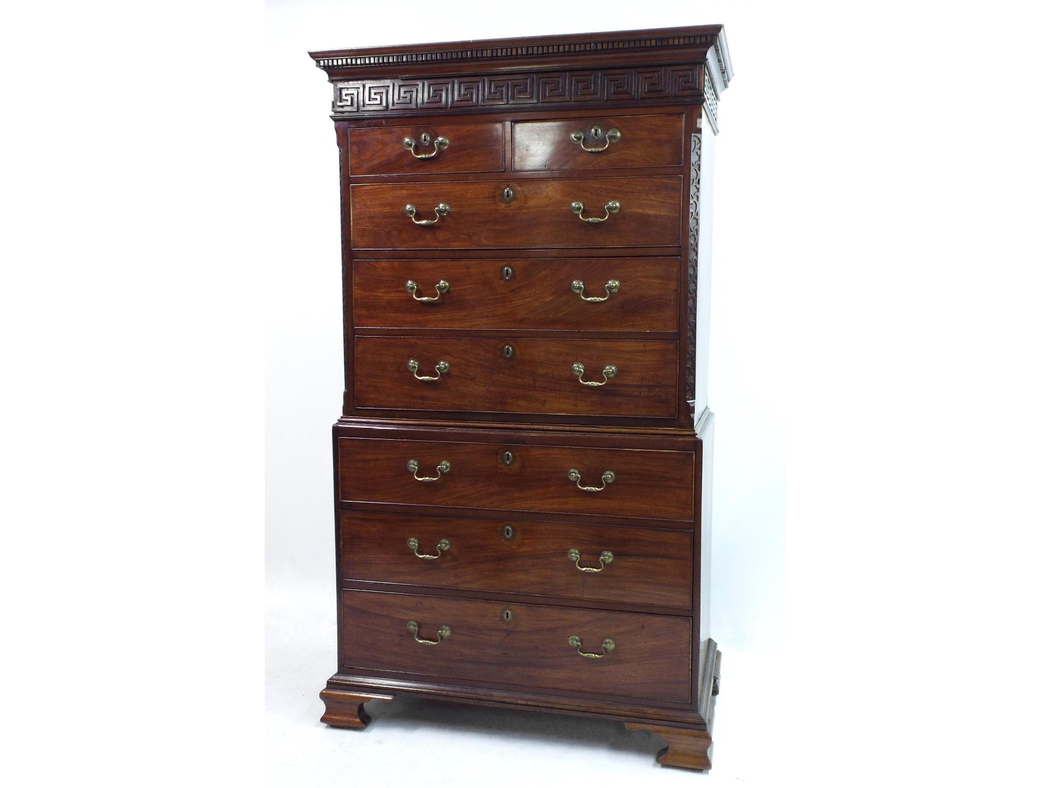 Appraisal: George III mahogany chest on chest with dentil and Greek