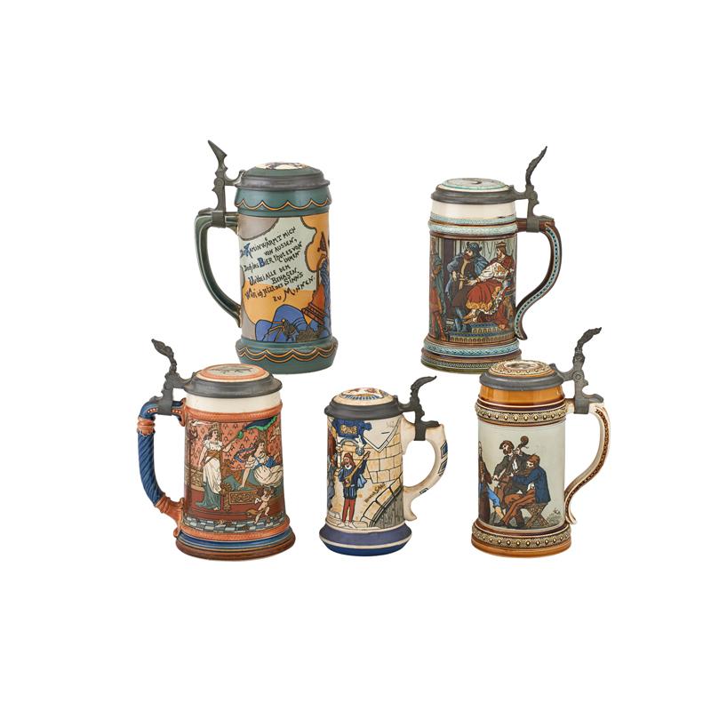 Appraisal: METTLACH ETCHED STEINS Five Numbers half liter half liter half