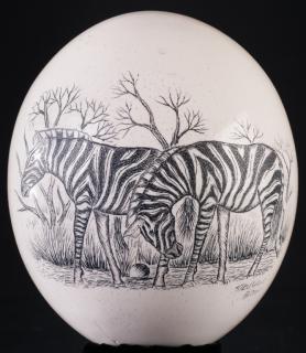 Appraisal: Etched Ostrich Egg of Zebras Etched ostrich egg from South