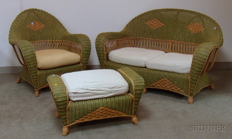 Appraisal: Art Deco Style Painted Wicker Settee Armchair and Ottoman with