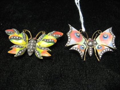 Appraisal: Two enameled butterfly pins with diamonds Reproduction butterfly brooches created