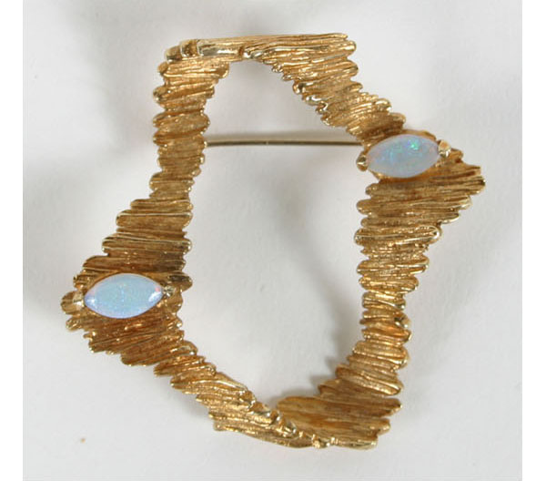 Appraisal: Gold K Mid-Century Modern pin brooch with marquis opal cabochons