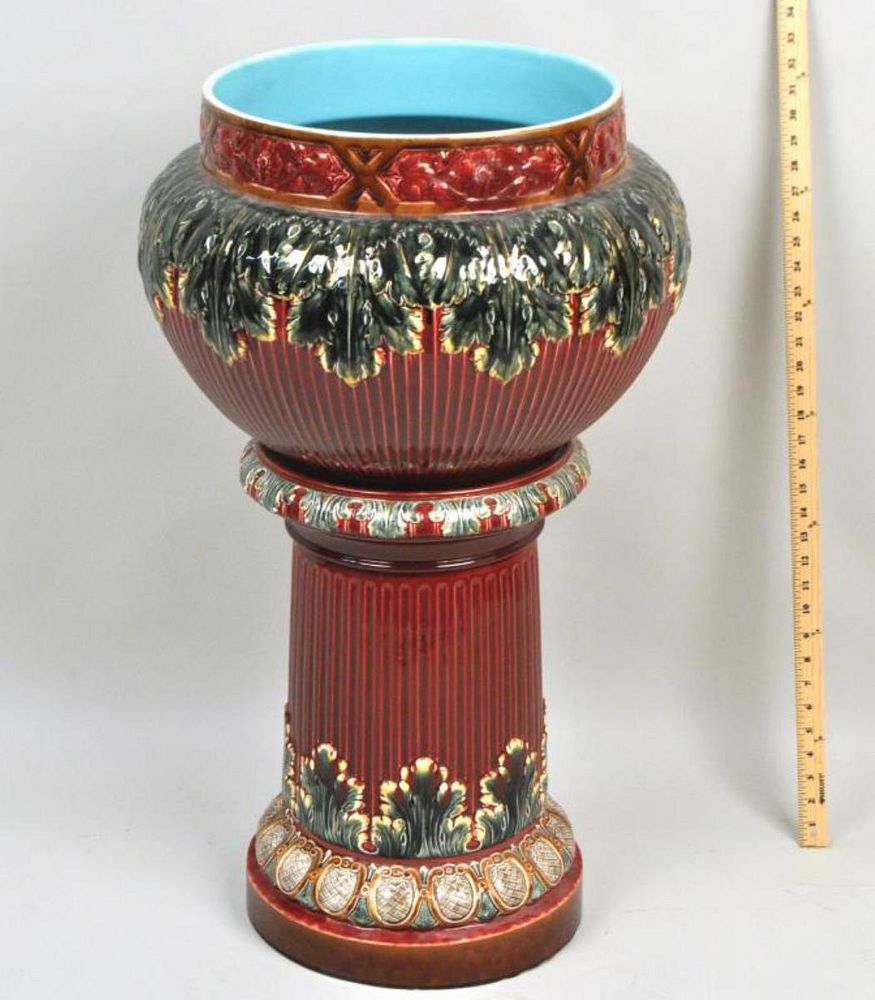 Appraisal: Majolica Porcelain Jardiniere On Stand red and green glazed the