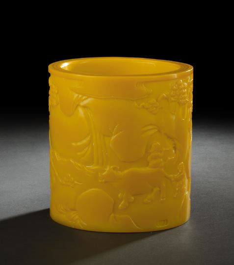 Appraisal: Chinese Carved Yellow Peking Glass Brush Pot th century the