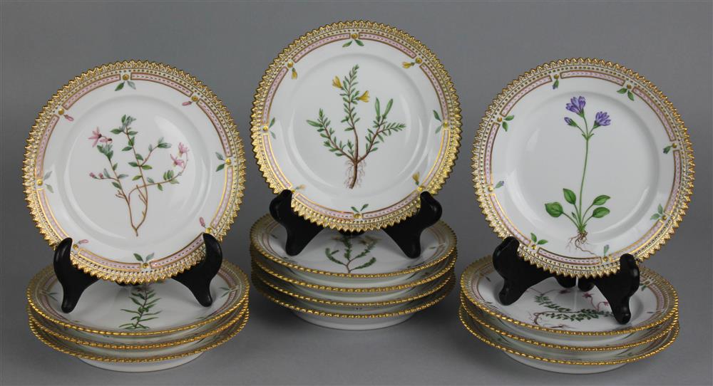 Appraisal: THIRTEEN ROYAL COPENHAGEN 'FLORA DANICA' BREAD AND BUTTER PLATES green