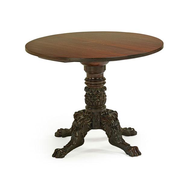 Appraisal: EMPIRE CENTER TABLE Mahogany with round top carved pedestal th