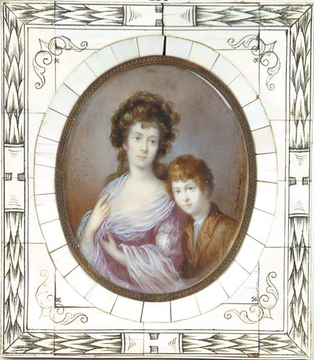 Appraisal: OVAL MINIATURE OF WOMAN AND BOY IN IVORY FRAME Fine