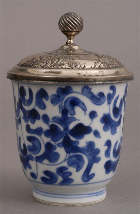 Appraisal: BLUE AND WHITE PORCELAIN CUP WITH ATTACHED CONTINENTAL SILVER COVER