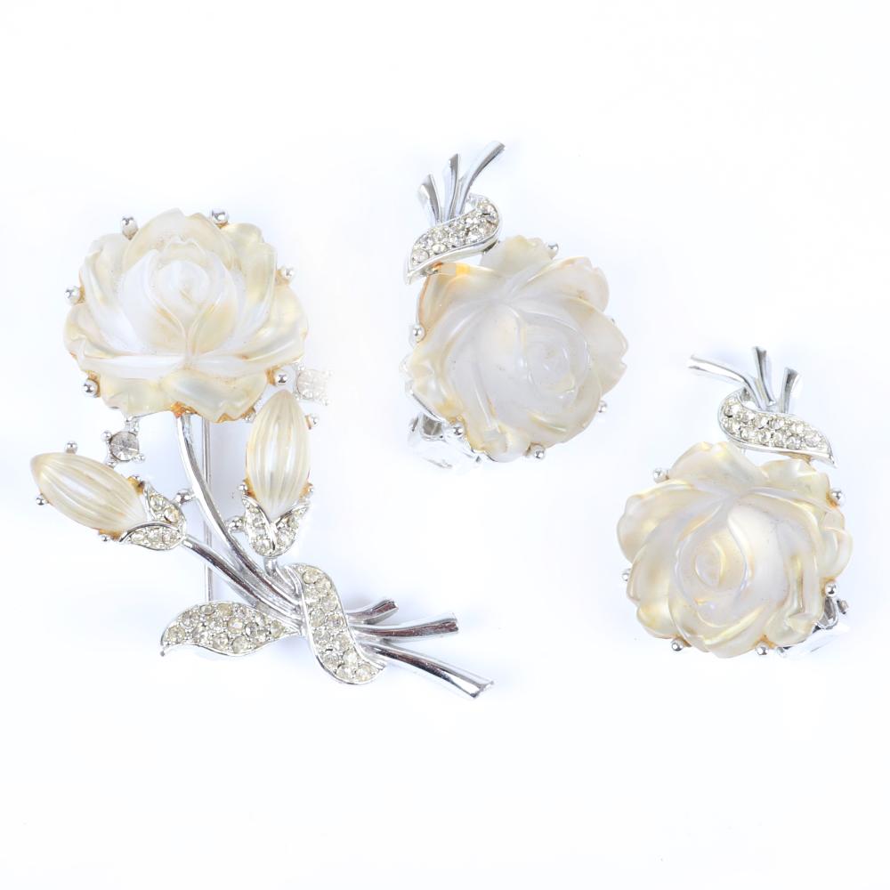 Appraisal: MARBOUX MARCEL BOUCHER MOLDED GLASS ROSE PIN BROOCH AND EARRING