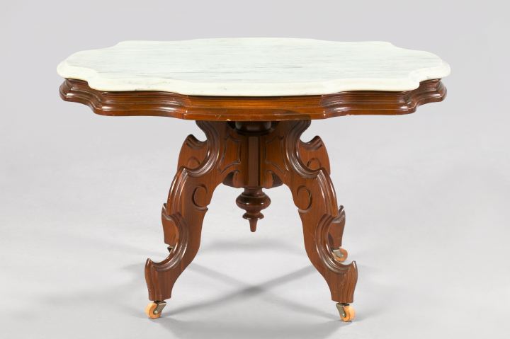 Appraisal: American Rococo Revival Walnut and Marble-Top Low Table early th