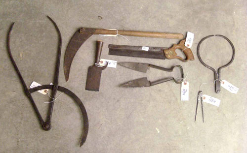 Appraisal: Early tools to include calipers compass chisel shears sickle and