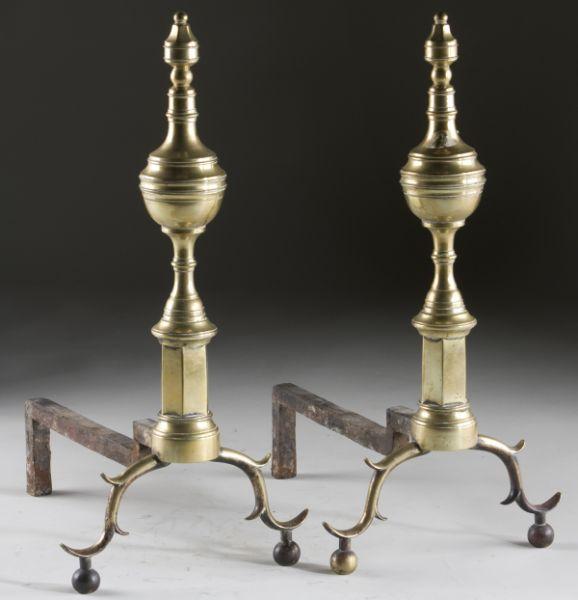 Appraisal: Pair of American Federal Brass Andirons circa urn finial over