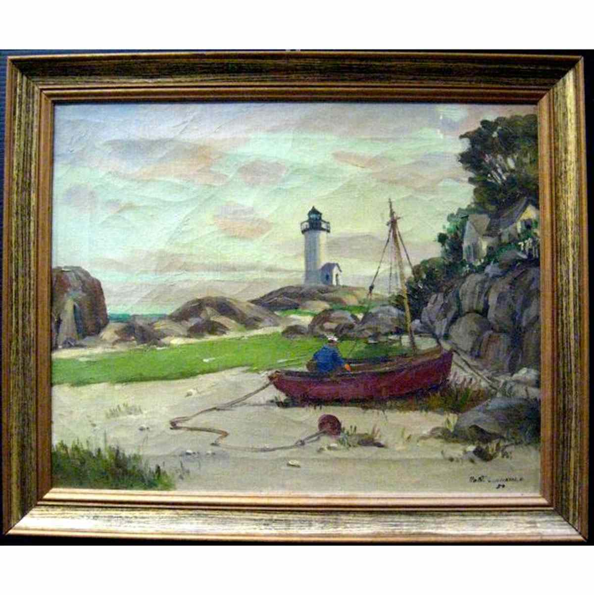 Appraisal: ROBERT CONNAVALE AMERICAN - FISHERMAN BY BOATS AND LIGHTHOUSE OIL