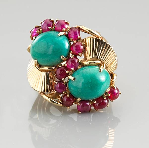 Appraisal: A retro ruby cabochon and dyed howlite ring mounted in