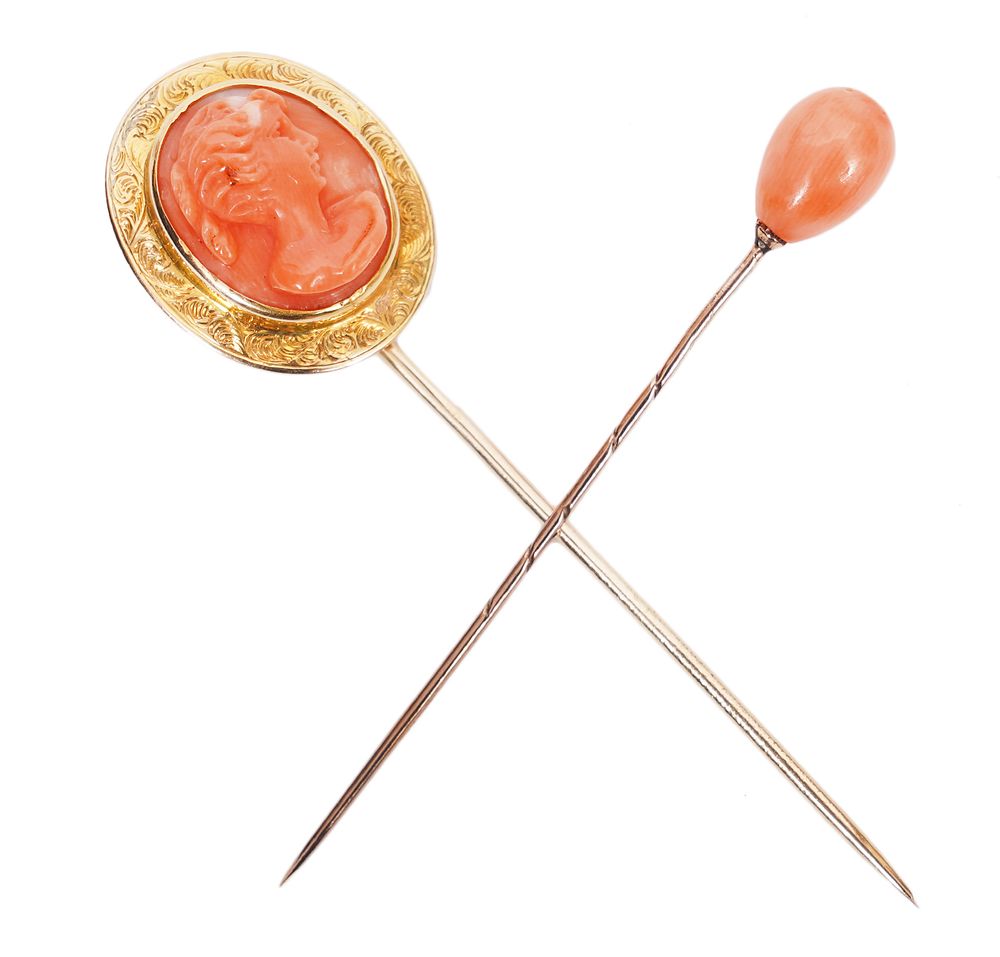 Appraisal: Antique Victorian Coral Yellow Gold Stick Pins Antique Victorian signed