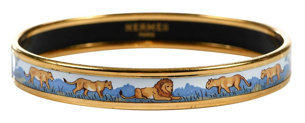 Appraisal: Hermes Enamel Bangle Bracelet gold tone blue lion lioness design