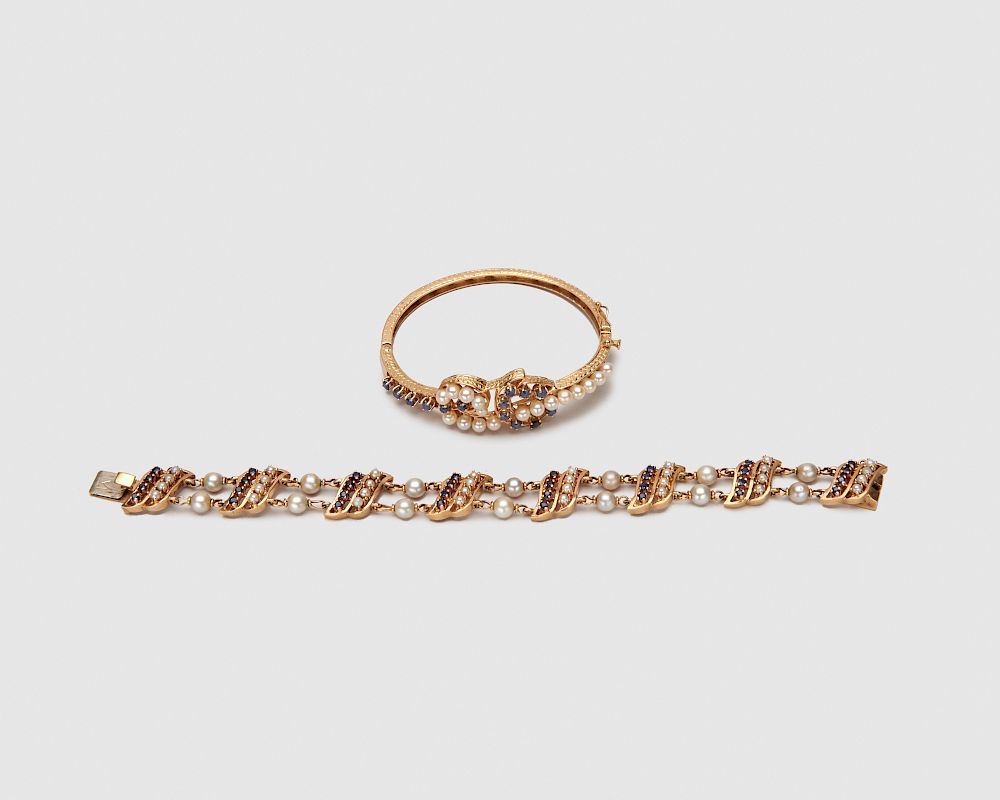 Appraisal: Two K Yellow Gold Sapphire and Pearl Bracelets Two K