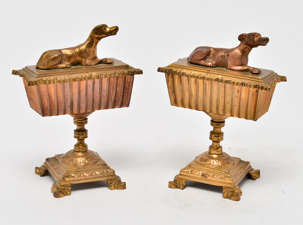 Appraisal: Brass Copper Covered Boxes w Reclining Dogs Pr Brass and