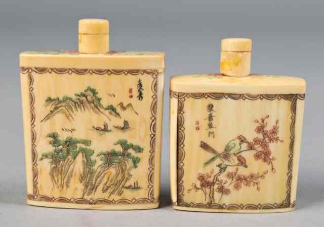 Appraisal: Polychromed Chinese Ivory Snuff BottlesOne decorated to depict a crane