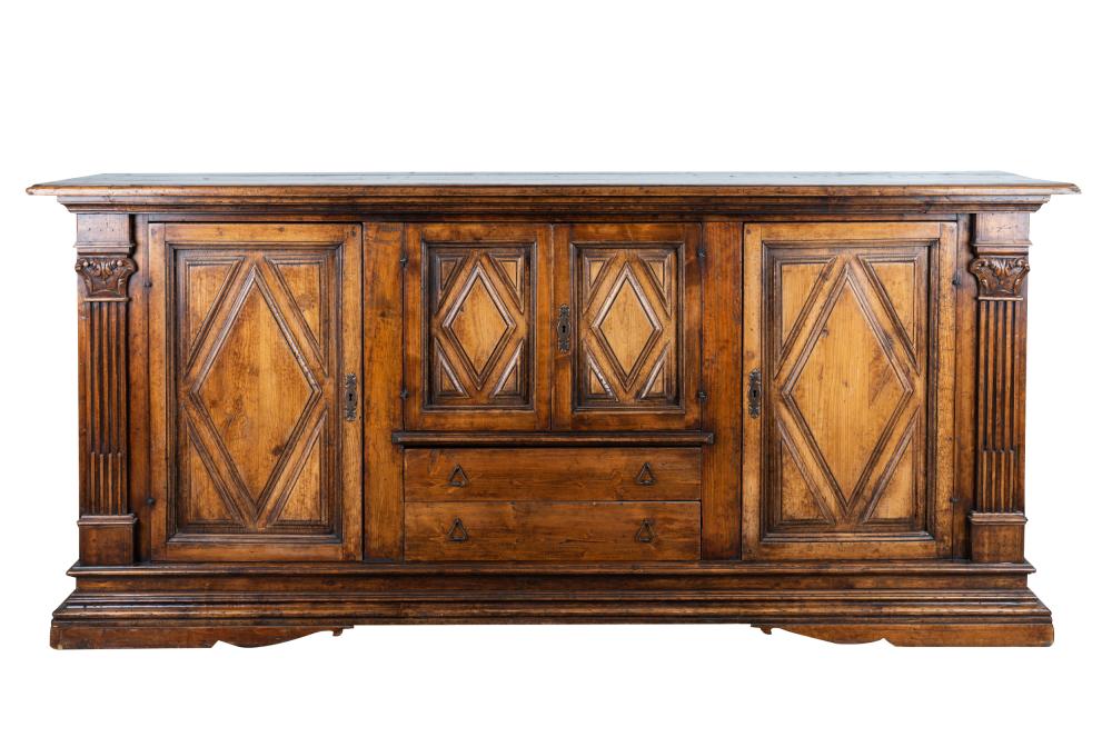 Appraisal: ITALIAN RENAISSANCE-STYLE CARVED WALNUT CREDENZAthe projecting rectangular molded top over