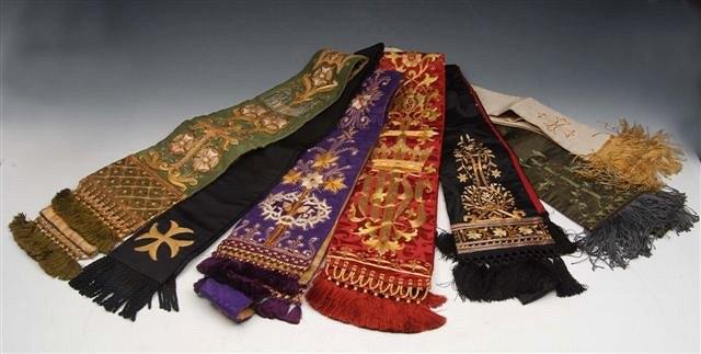 Appraisal: A COLLECTION OF SEVEN ECCLESIASTICAL MINISTERIAL STOLES with needlework ornament