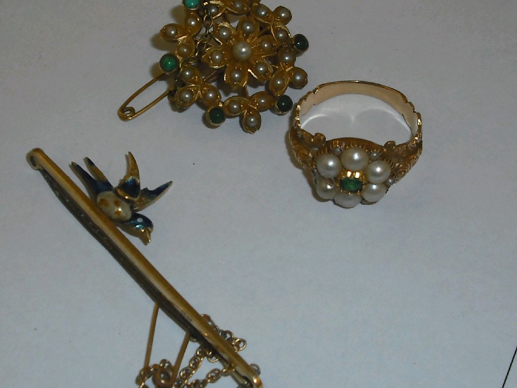 Appraisal: Attractive th century engraved gold emerald and pearl floral cluster