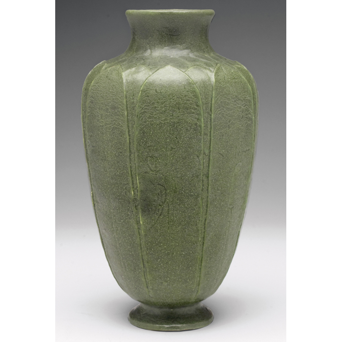 Appraisal: Grueby vase shouldered and footed shape with carved and applied