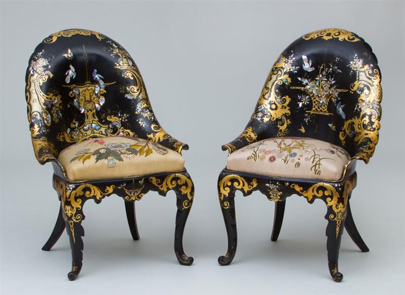 Appraisal: PAIR OF FINE VICTORIAN BLACK LACQUER PARCEL-GILT AND MOTHER-OF-PEARL INLAID