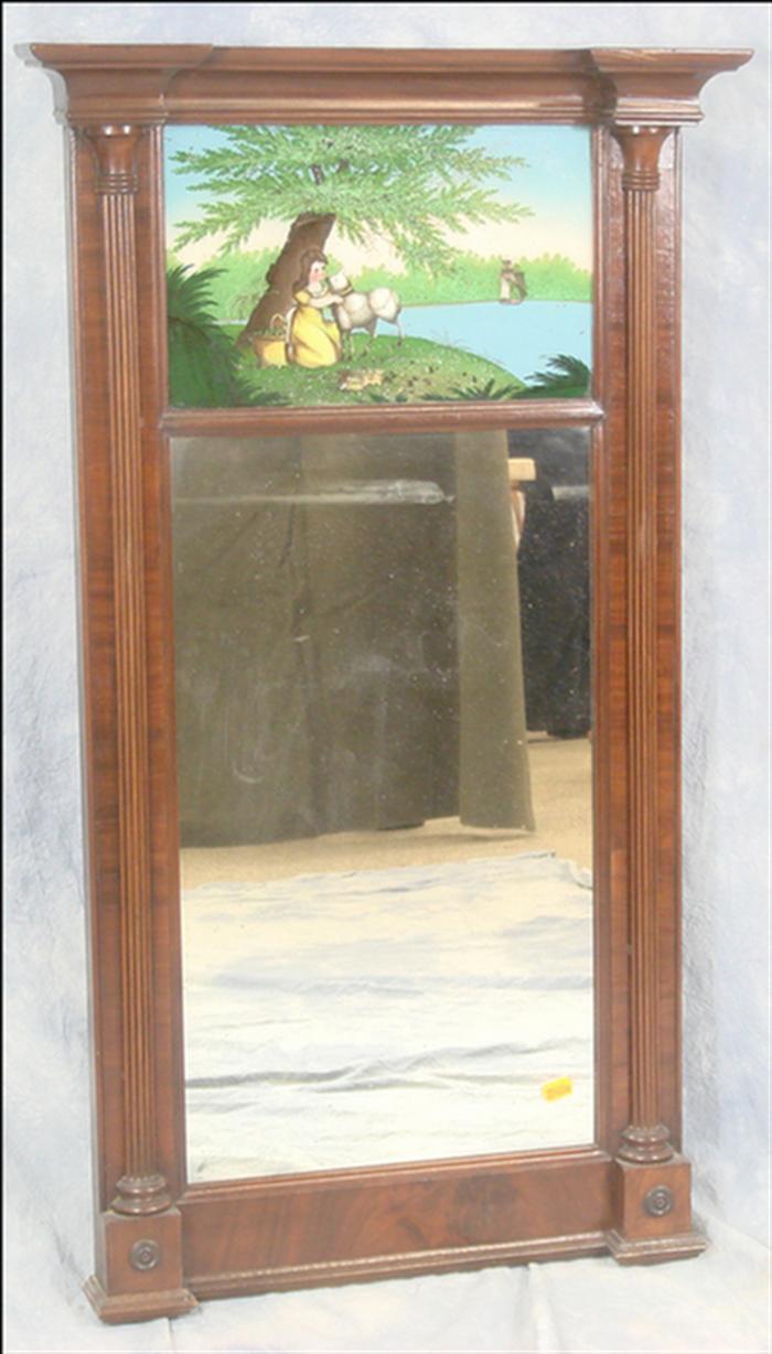 Appraisal: Sheraton mahogany part wall mirror with egliomaise panel depicting a