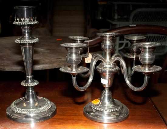 Appraisal: Silver-plated five-light candelabra and similar candlestick Estimate - All items