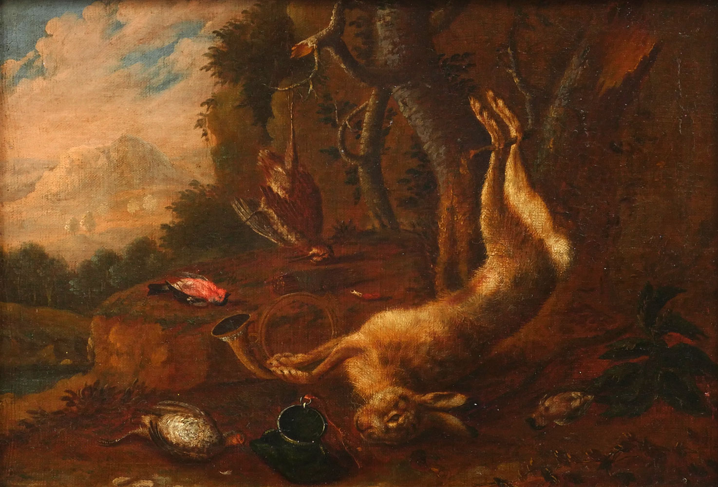 Appraisal: ILLEGIBLY SIGNED TH CENTURY PAINTING OF GAME BIRDS AND RABBIT