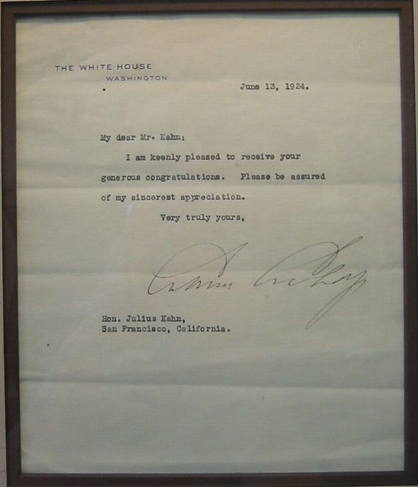 Appraisal: COOLIDGE CALVIN Typed Letter Signed as President to Julius Kahn