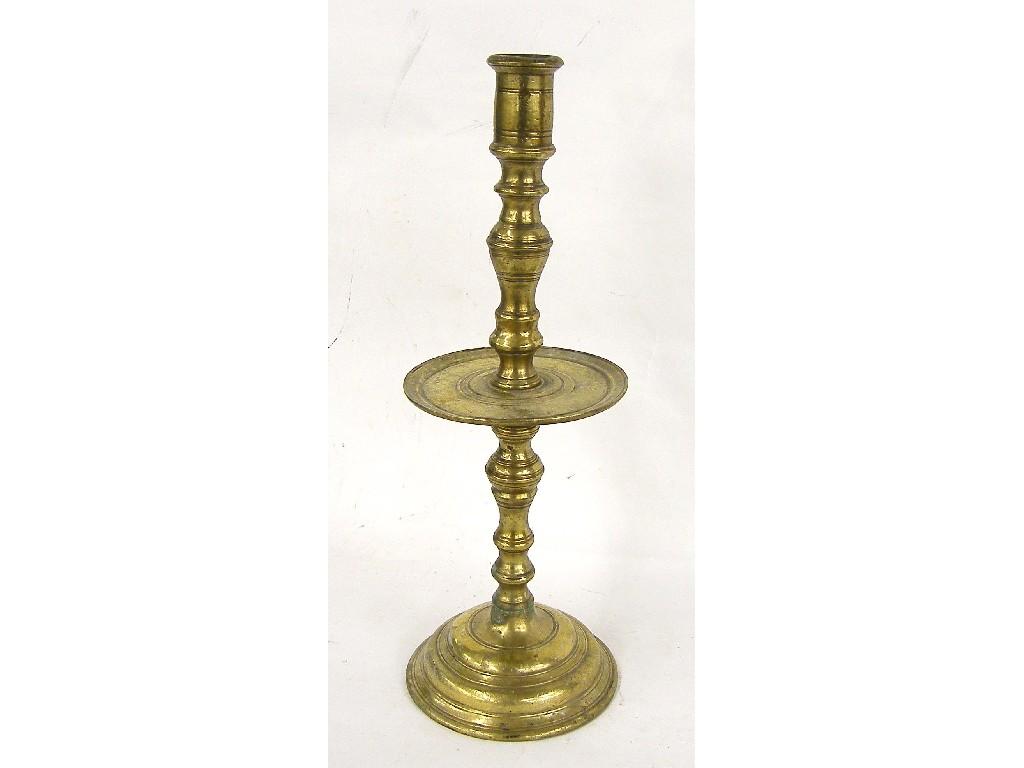 Appraisal: Antique bronze candlestick possibly th century with wide drip pan