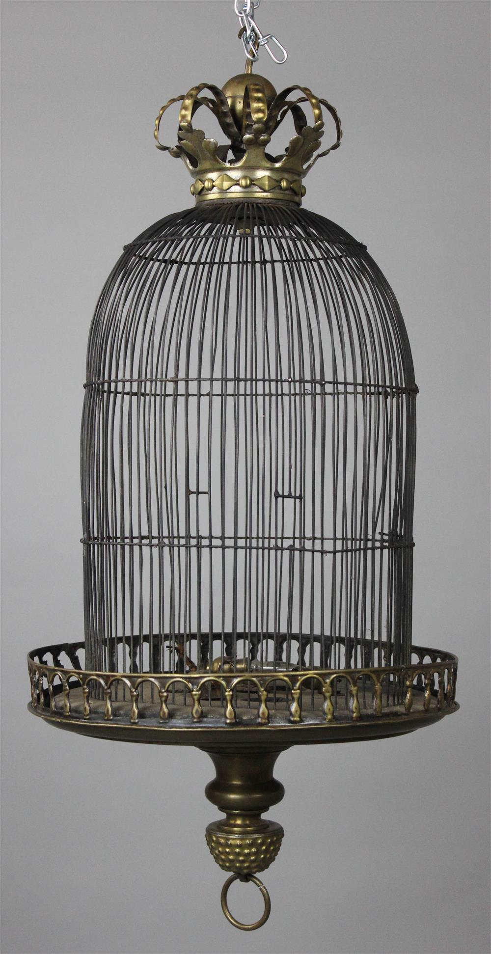 Appraisal: VICTORIAN STYLE BRASS AND METAL HANGING BIRDCAGE surmounted by a