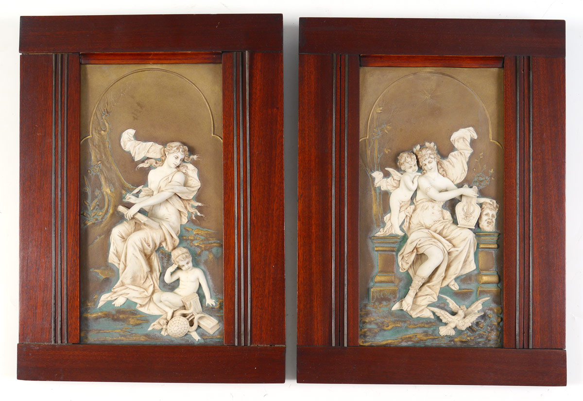 Appraisal: PAIR AUSTRIAN FRAMED BISQUE PORCELAIN PLAQUES Each with neo-classical scene