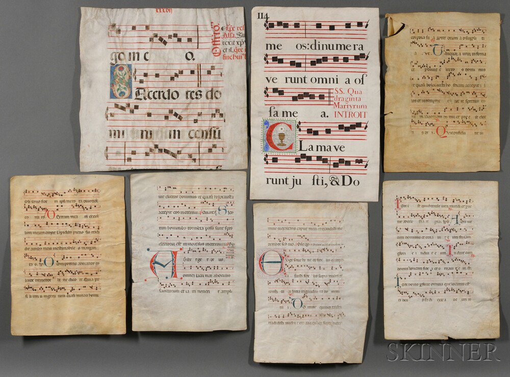 Appraisal: Manuscript Missal Leaves Seven parchment leaves with decorated initials and