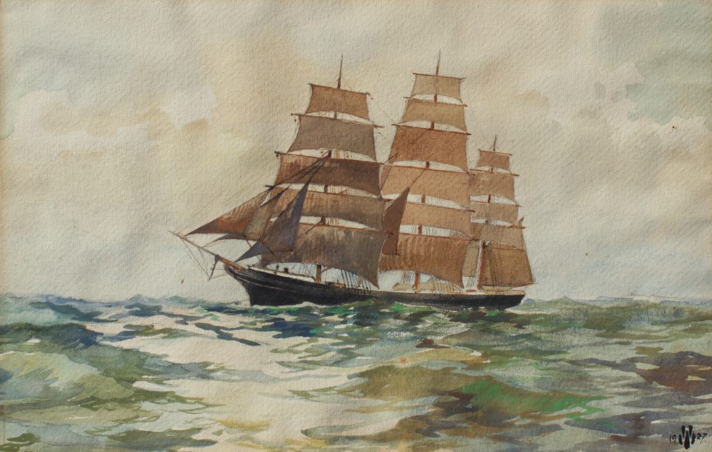 Appraisal: ILLUSTRATIVE PAINTING of CLIPPER SHIP AT SEA Watercolor Sight size