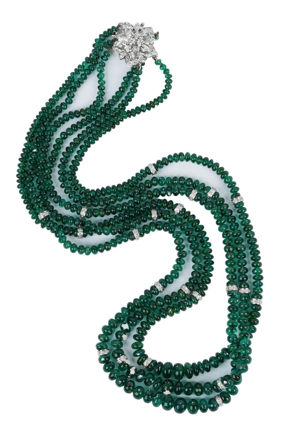 Appraisal: KARAT WHITE GOLD DIAMOND EMERALD BEADED NECKLACEthe triple strand necklace