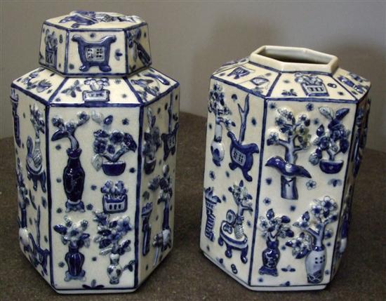 Appraisal: Pair of th century style blue and white hexagonal vases