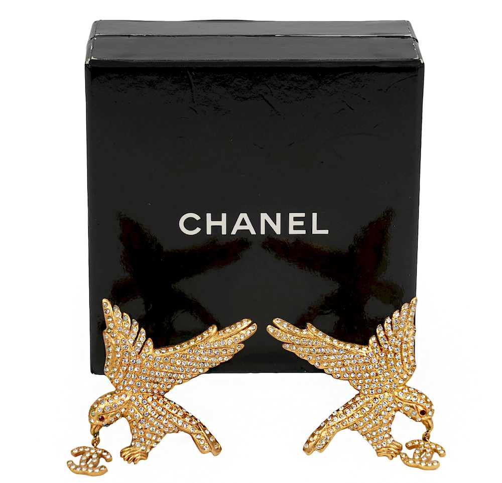 Appraisal: Chanel Goldtone Crystal Eagle CC Clip Earrings Chanel gold tone