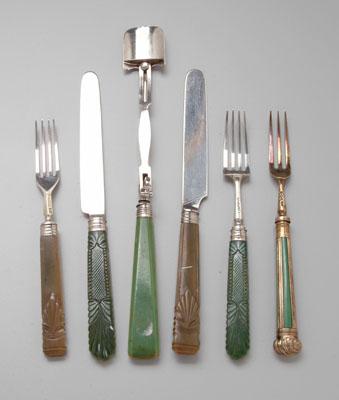 Appraisal: English silver flatware carved acanthus and green dyed ivory handles