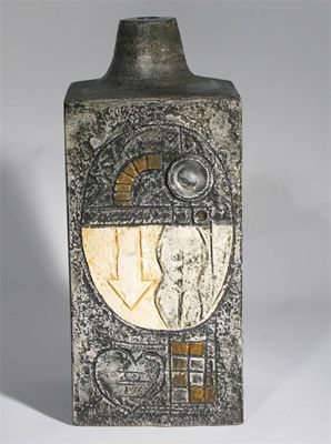 Appraisal: A Troika Pottery Rectangle lamp base modelled in low relief